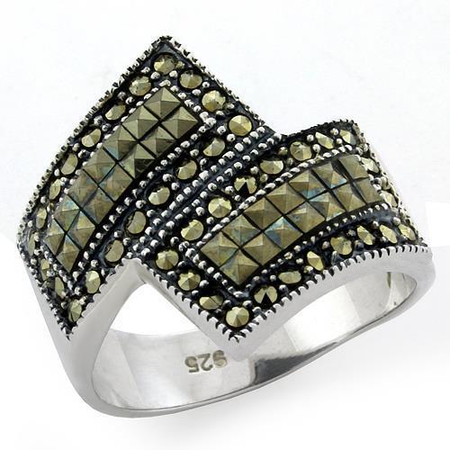 LOAS1100 - Antique Tone 925 Sterling Silver Ring with Semi-Precious Marcasite in Jet - Joyeria Lady