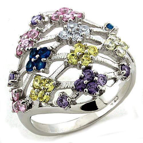 LOAS1195 Rhodium 925 Sterling Silver Ring with AAA Grade CZ in Multi Color
