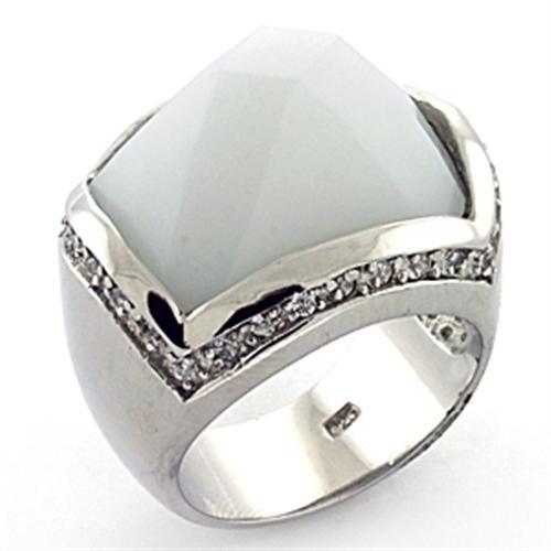 LOAS770 - Rhodium 925 Sterling Silver Ring with Synthetic Synthetic Glass in White - Joyeria Lady