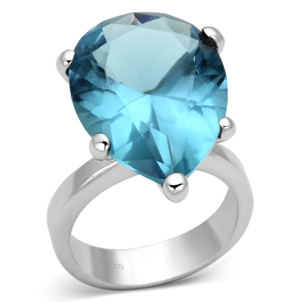 LOAS864 - Rhodium 925 Sterling Silver Ring with Synthetic Synthetic Glass in Sea Blue - Joyeria Lady