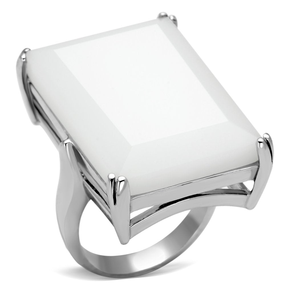LOAS868 - Rhodium 925 Sterling Silver Ring with Synthetic Synthetic Glass in White - Joyeria Lady