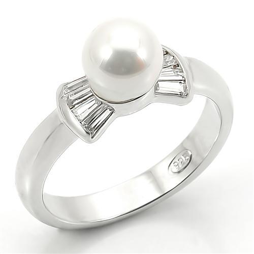 LOS099 - Rhodium 925 Sterling Silver Ring with Synthetic Pearl in White - Joyeria Lady