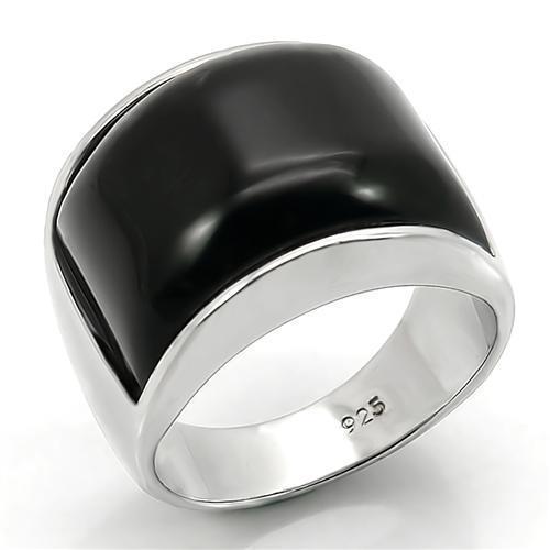 LOS105 - Rhodium 925 Sterling Silver Ring with Synthetic Synthetic Glass in Jet - Joyeria Lady