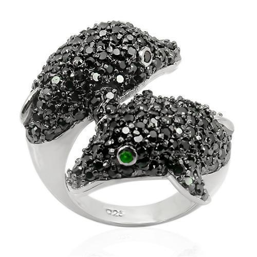 LOS195 - Rhodium + Ruthenium 925 Sterling Silver Ring with Synthetic Synthetic Glass in Emerald - Joyeria Lady