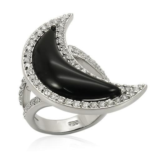 LOS202 - Rhodium 925 Sterling Silver Ring with Synthetic Synthetic Glass in Jet - Joyeria Lady
