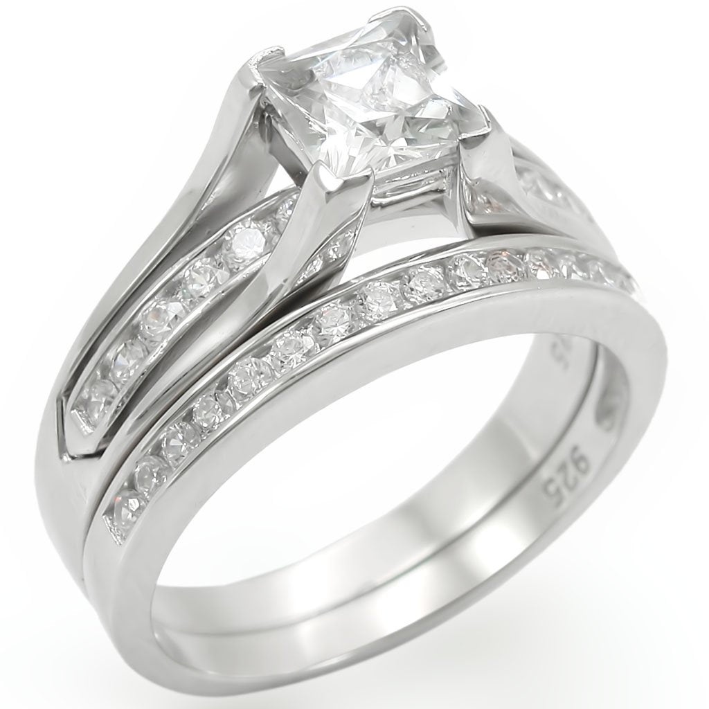 LOS256 - Rhodium 925 Sterling Silver Ring with AAA Grade CZ  in Clear - Joyeria Lady