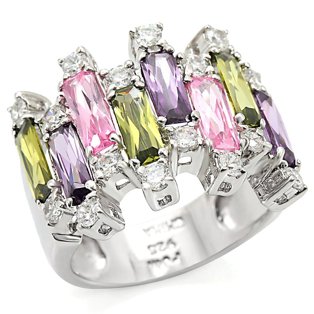 LOS334 - Rhodium 925 Sterling Silver Ring with AAA Grade CZ  in Multi Color - Joyeria Lady