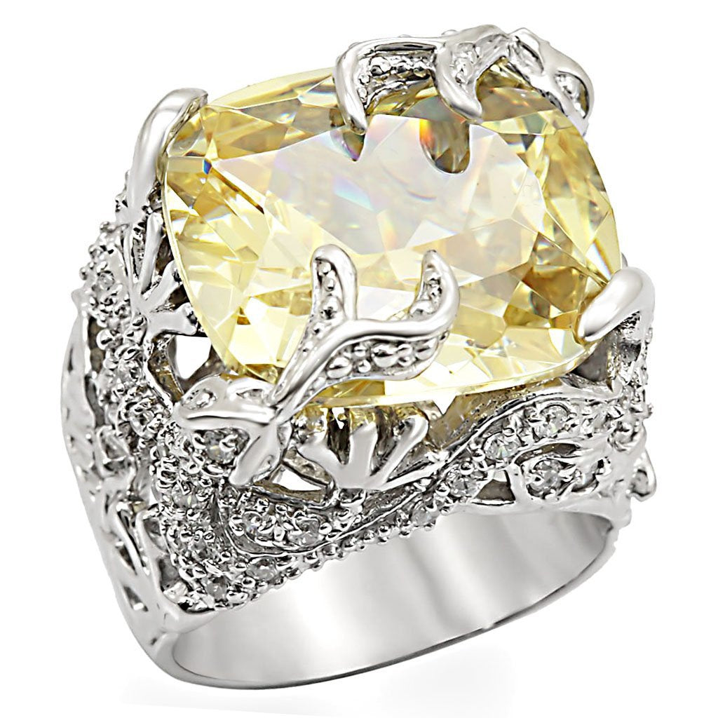 LOS335 - Rhodium 925 Sterling Silver Ring with AAA Grade CZ  in Citrine Yellow - Joyeria Lady