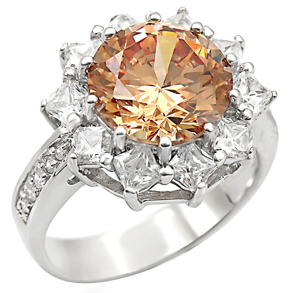 LOS336 - Rhodium 925 Sterling Silver Ring with AAA Grade CZ  in Champagne - Joyeria Lady