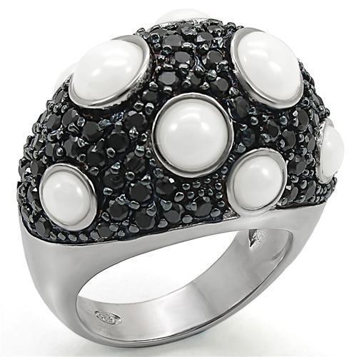 LOS376 - Rhodium + Ruthenium 925 Sterling Silver Ring with Milky CZ  in White - Joyeria Lady
