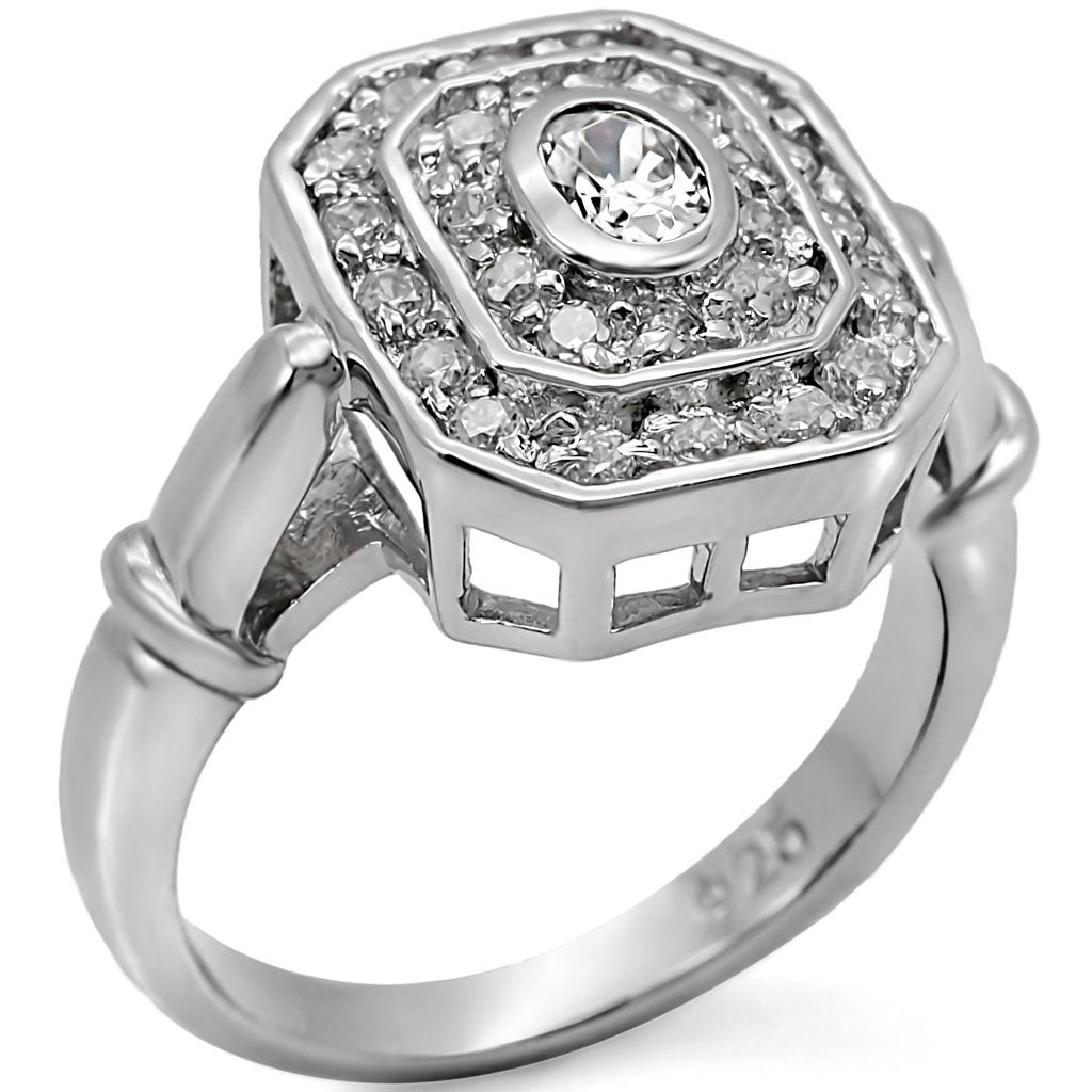LOS381 - Rhodium 925 Sterling Silver Ring with AAA Grade CZ  in Clear - Joyeria Lady