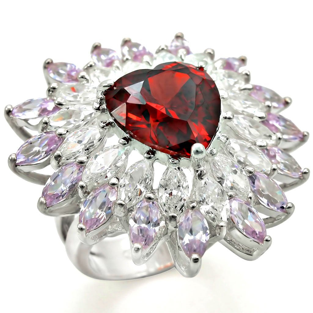 LOS399 - High-Polished 925 Sterling Silver Ring with AAA Grade CZ  in Garnet - Joyeria Lady