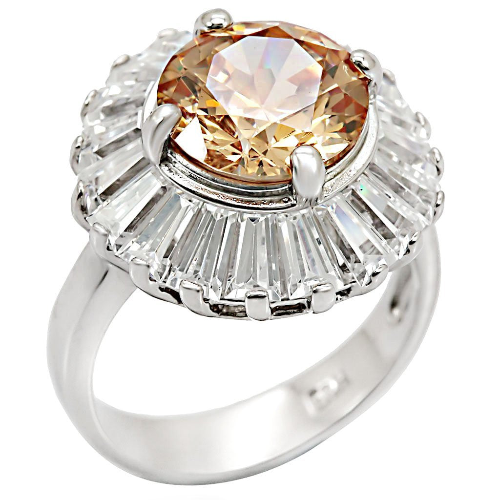 LOS412 - Rhodium 925 Sterling Silver Ring with AAA Grade CZ  in Champagne - Joyeria Lady