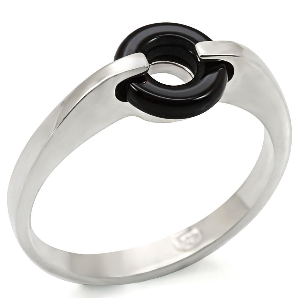 LOS456 - Silver 925 Sterling Silver Ring with Semi-Precious Agate in Jet - Joyeria Lady