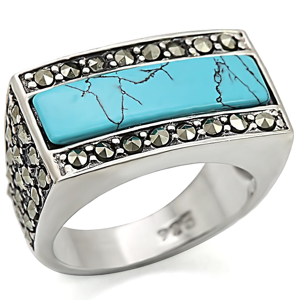 LOS461 - Antique Tone 925 Sterling Silver Ring with Synthetic Turquoise in Sea Blue - Joyeria Lady