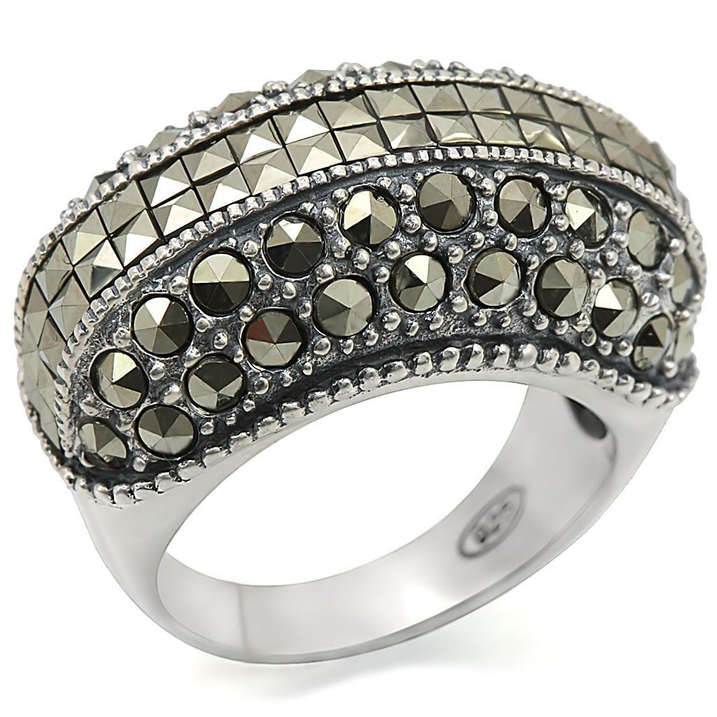 LOS466 - Antique Tone 925 Sterling Silver Ring with Synthetic Marcasite in Black Diamond - Joyeria Lady
