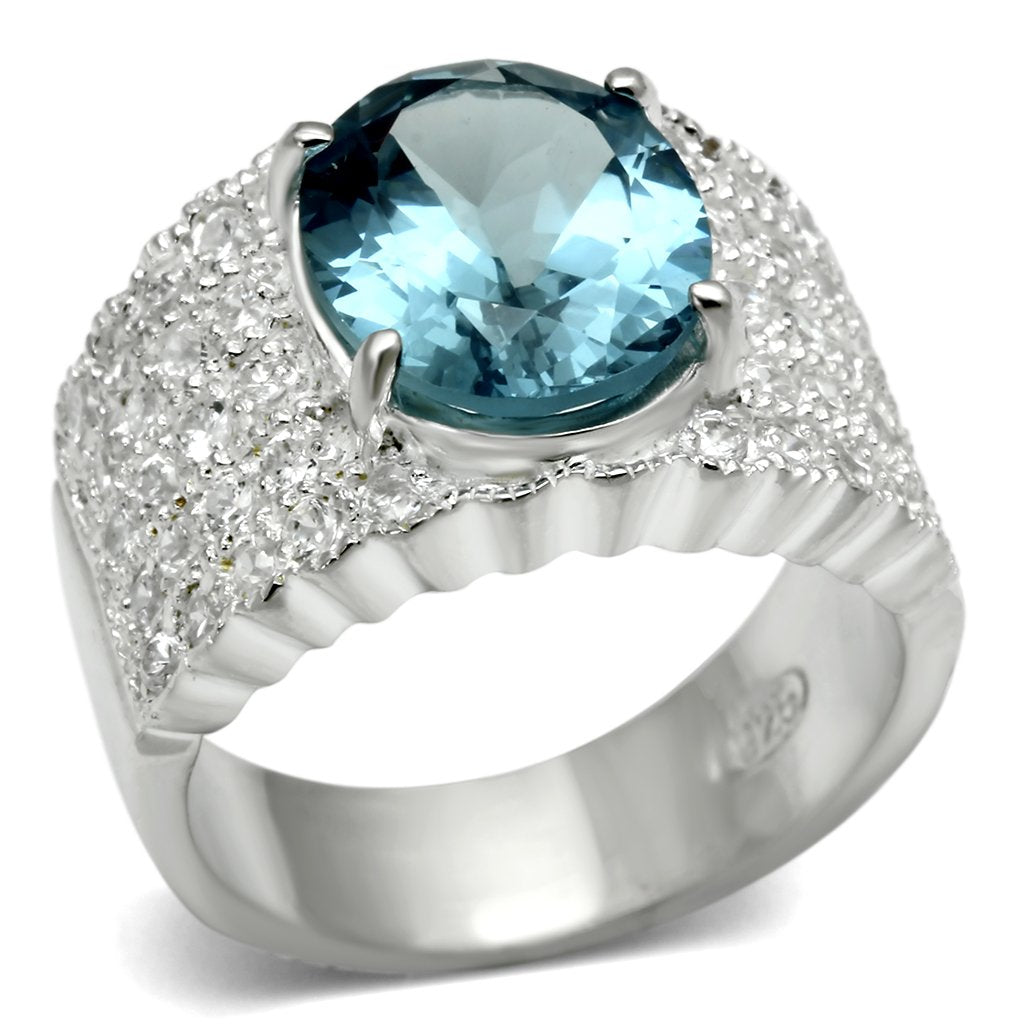 LOS551 - Silver 925 Sterling Silver Ring with Synthetic Spinel in Sea Blue - Joyeria Lady