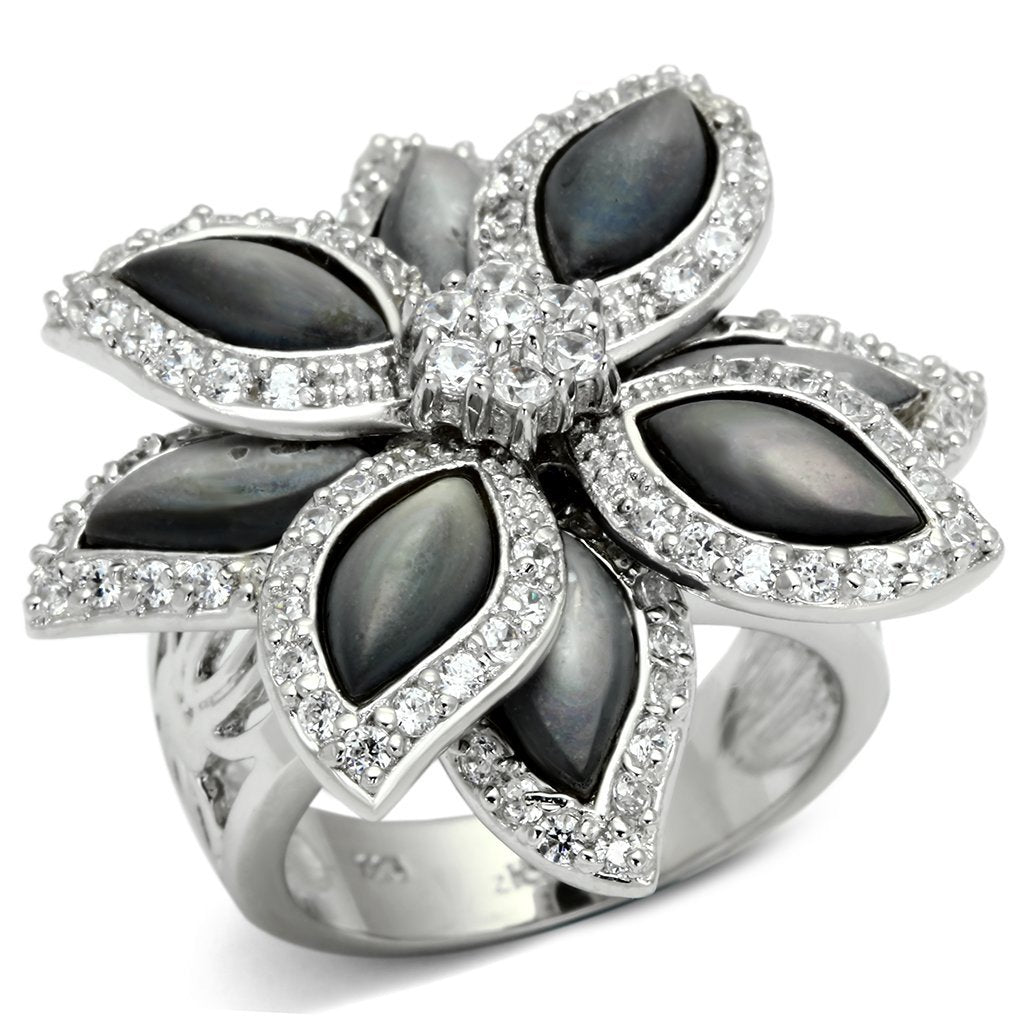 LOS555 - Rhodium 925 Sterling Silver Ring with Precious Stone Conch in Jet - Joyeria Lady