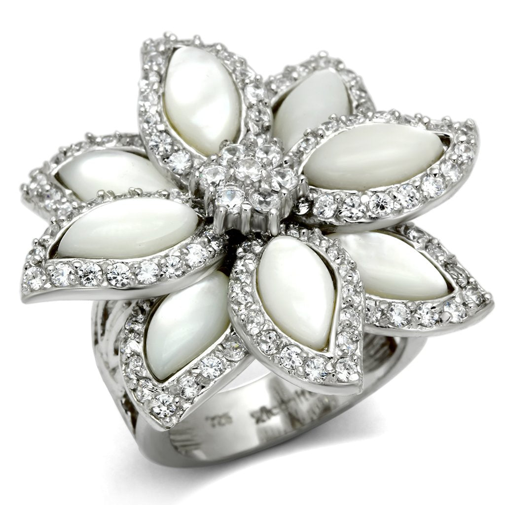 LOS556 - Rhodium 925 Sterling Silver Ring with Precious Stone Conch in White - Joyeria Lady