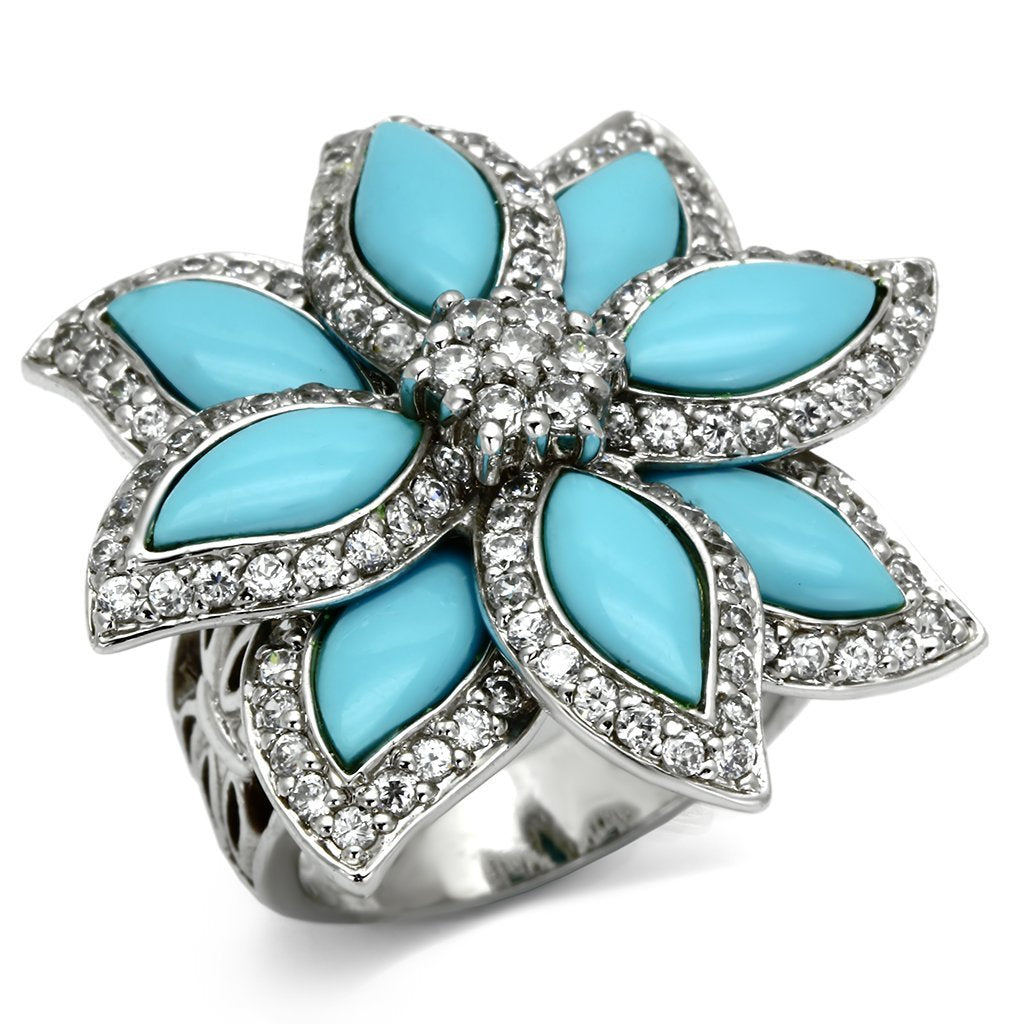 LOS557 - Rhodium 925 Sterling Silver Ring with Synthetic Turquoise in Sea Blue - Joyeria Lady