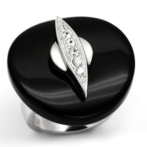 LOS564 - Rhodium 925 Sterling Silver Ring with Semi-Precious Agate in Jet - Joyeria Lady