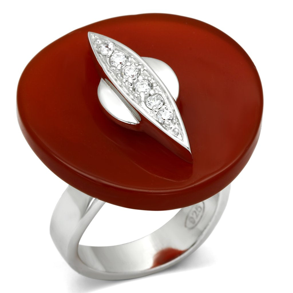 LOS565 - Rhodium 925 Sterling Silver Ring with Semi-Precious Agate in Garnet - Joyeria Lady