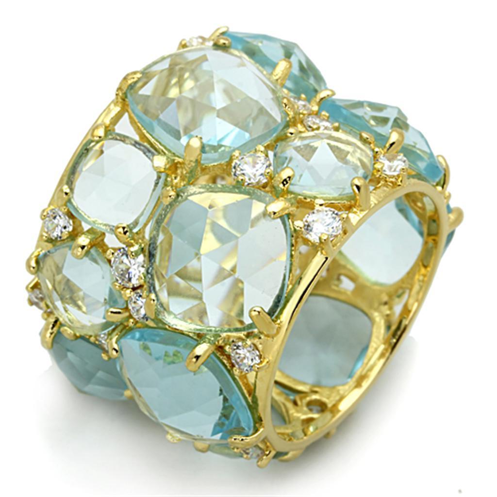 LOS766 - Gold 925 Sterling Silver Ring with Synthetic Synthetic Glass in Sea Blue - Joyeria Lady