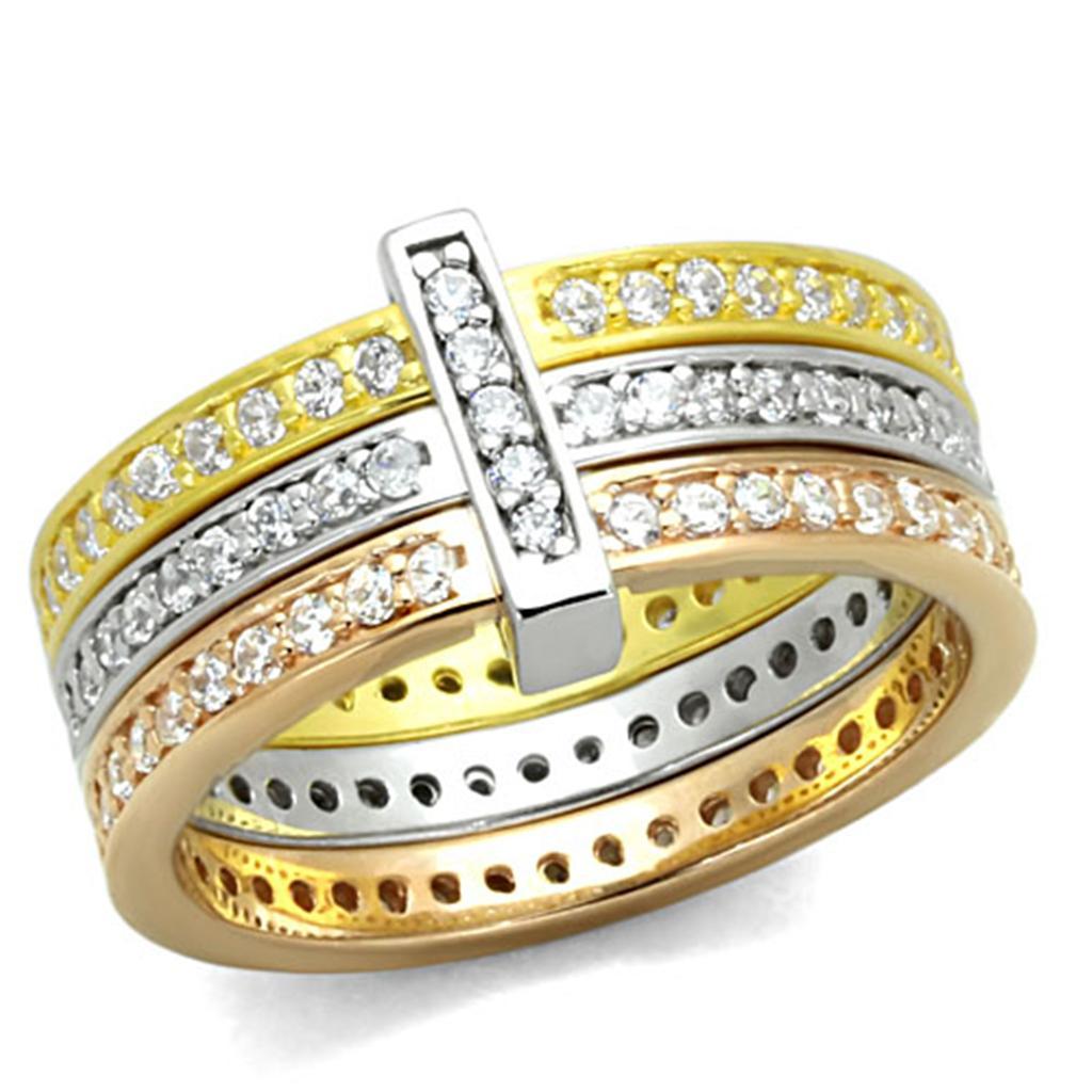 LOS811 - Rhodium + Gold + Rose Gold 925 Sterling Silver Ring with AAA Grade CZ  in Clear - Joyeria Lady