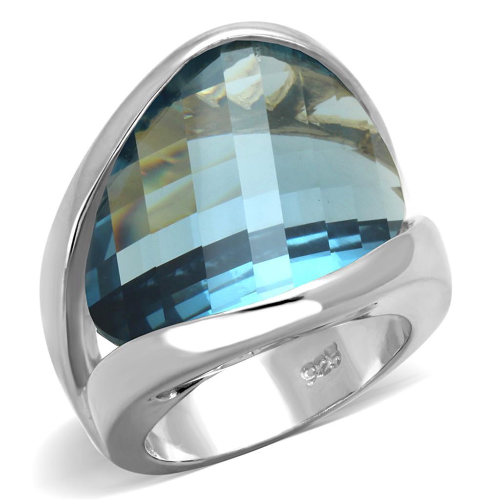LOS831 - Rhodium 925 Sterling Silver Ring with Synthetic Synthetic Glass in Sea Blue - Joyeria Lady