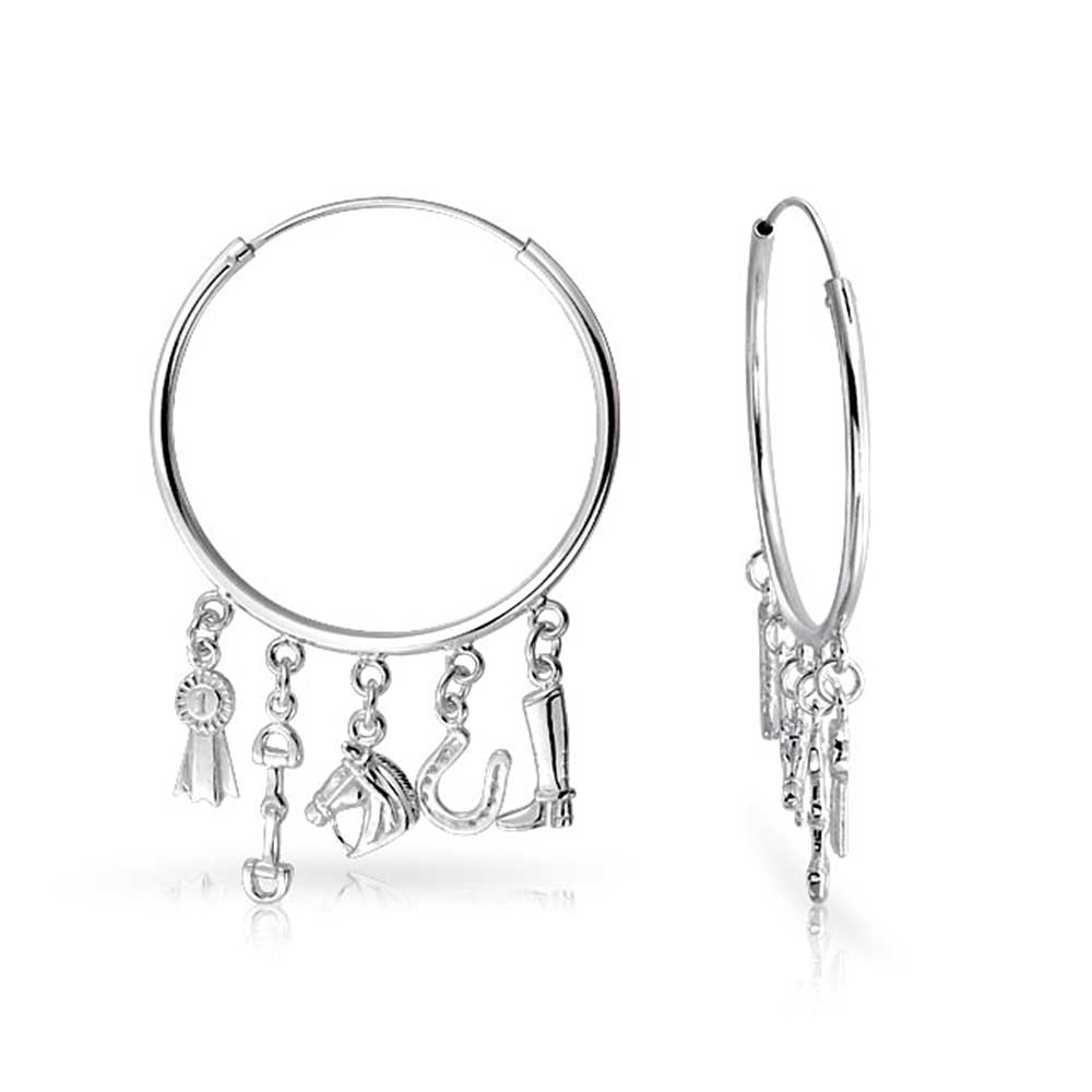Equestrian Horse Riding Boot Blue Charm Hoop Earring Sterling Silver - Joyeria Lady
