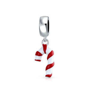Stripe Red Enamel Christmas Candy Cane Bead Charm 925 Sterling Silver - Joyeria Lady