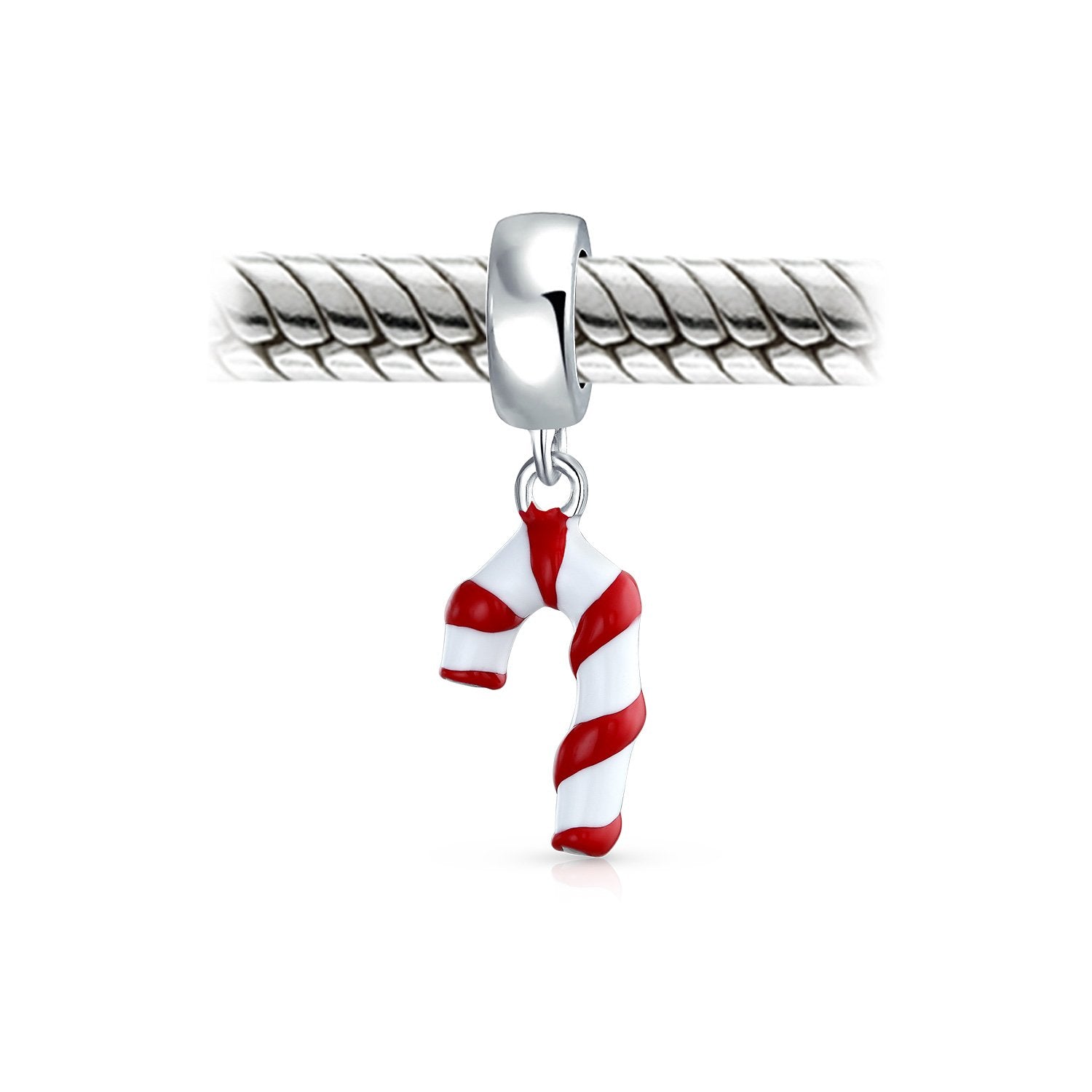 Stripe Red Enamel Christmas Candy Cane Bead Charm 925 Sterling Silver - Joyeria Lady