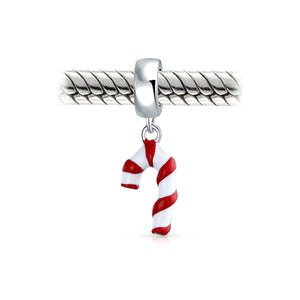 Stripe Red Enamel Christmas Candy Cane Bead Charm 925 Sterling Silver