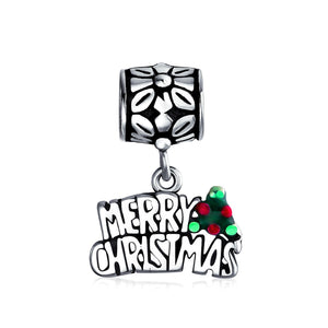 Saying Merry Christmas Holly Dangle Charm Bead 925 Sterling Silver - Joyeria Lady