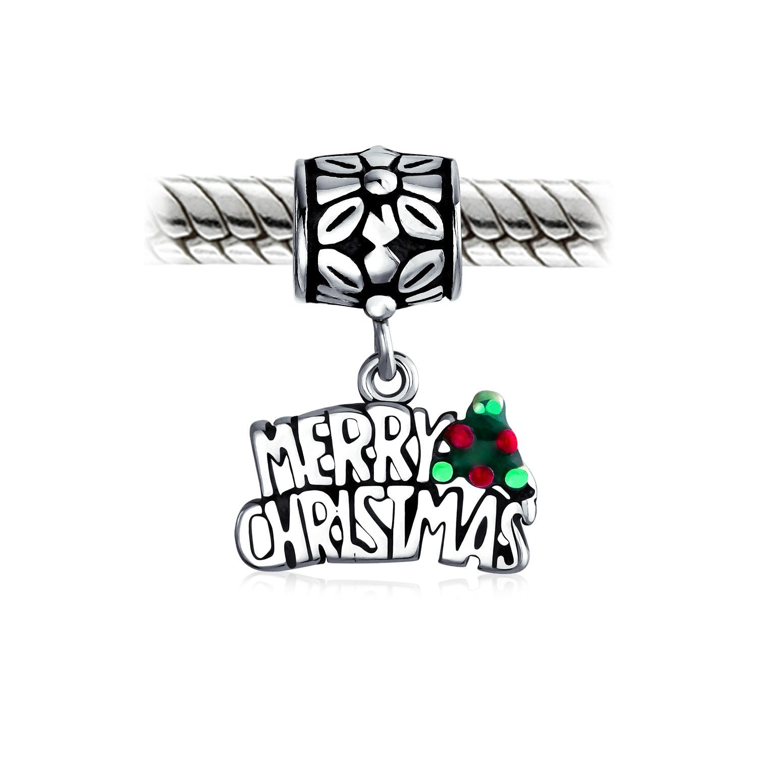 Saying Merry Christmas Holly Dangle Charm Bead 925 Sterling Silver - Joyeria Lady