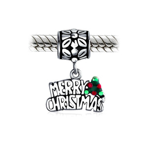 Saying Merry Christmas Holly Dangle Charm Bead 925 Sterling Silver