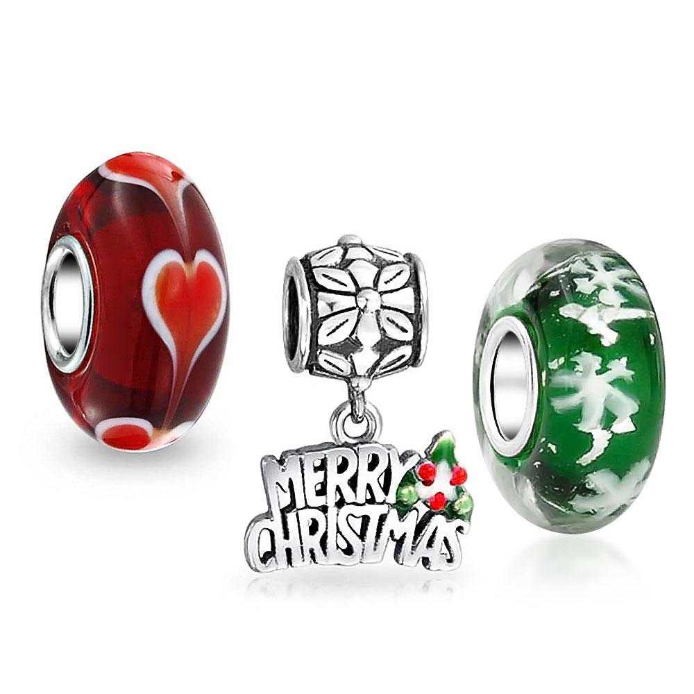 Christmas Merry Christmas Snowflake Red Hearts Bead Charm Set Sterling - Joyeria Lady