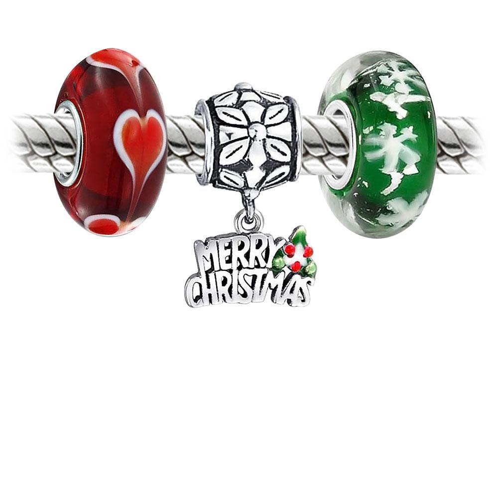 Christmas Merry Christmas Snowflake Red Hearts Bead Charm Set Sterling - Joyeria Lady