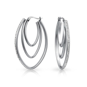 Pave Crystal Oval Boho Fashion Statement Big Hoop Earrings For Women - Joyeria Lady