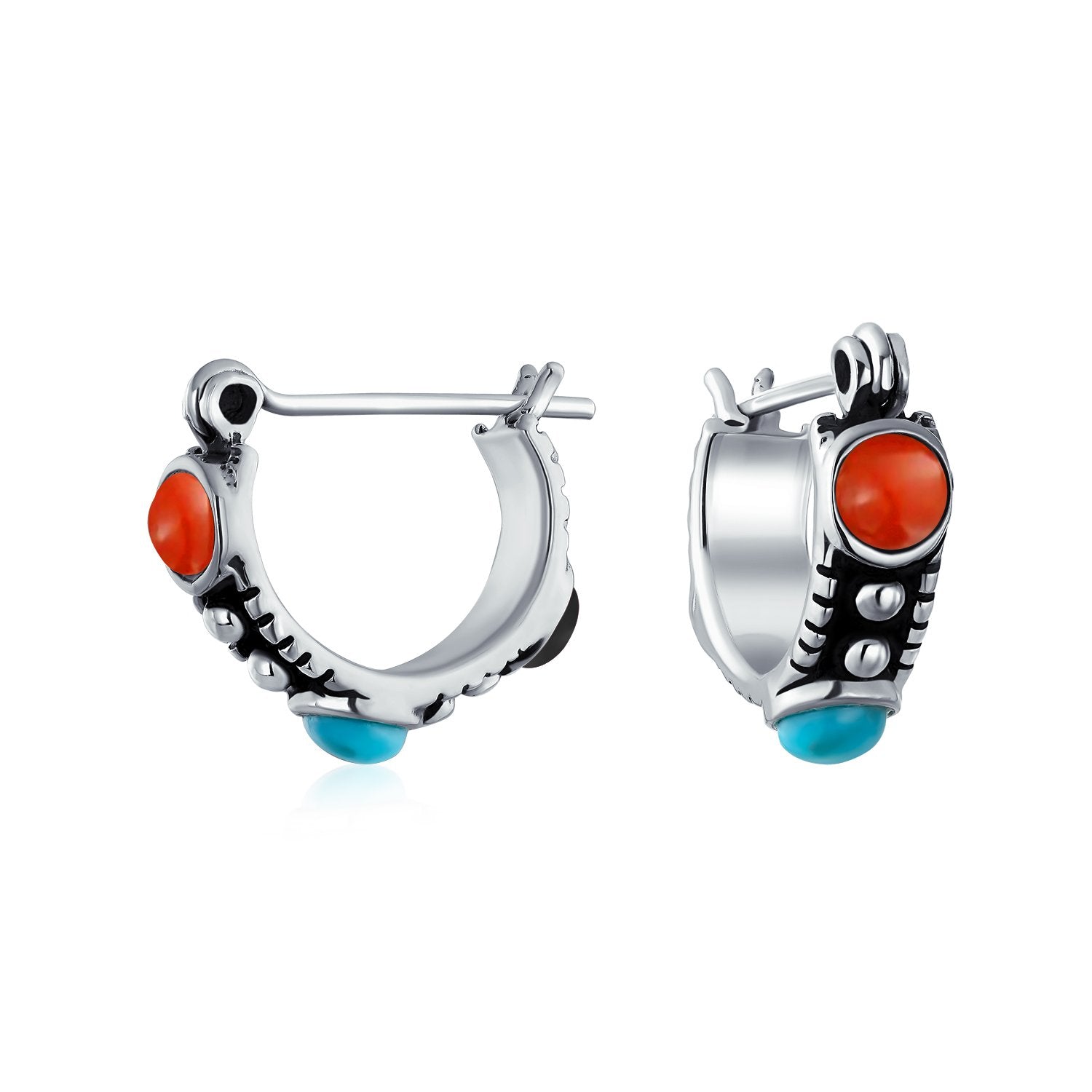 Turquoise Carnelian Onyx Bead Huggie Hoop Earrings Sterling Silver - Joyeria Lady