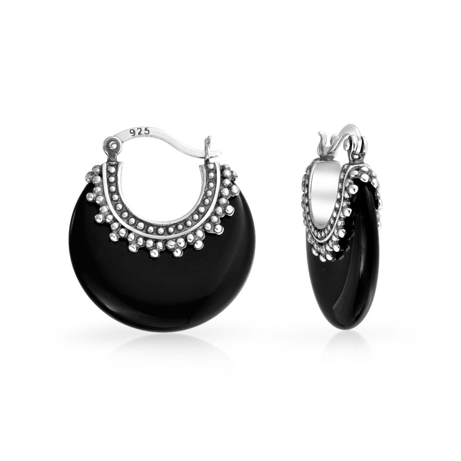 Bali Gemstone Crescent Hoop Earrings Caviar Bead 925 Sterling Silver - Joyeria Lady