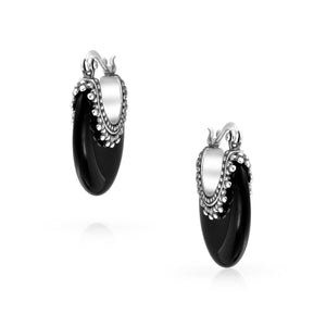 Bali Gemstone Crescent Hoop Earrings Caviar Bead 925 Sterling Silver