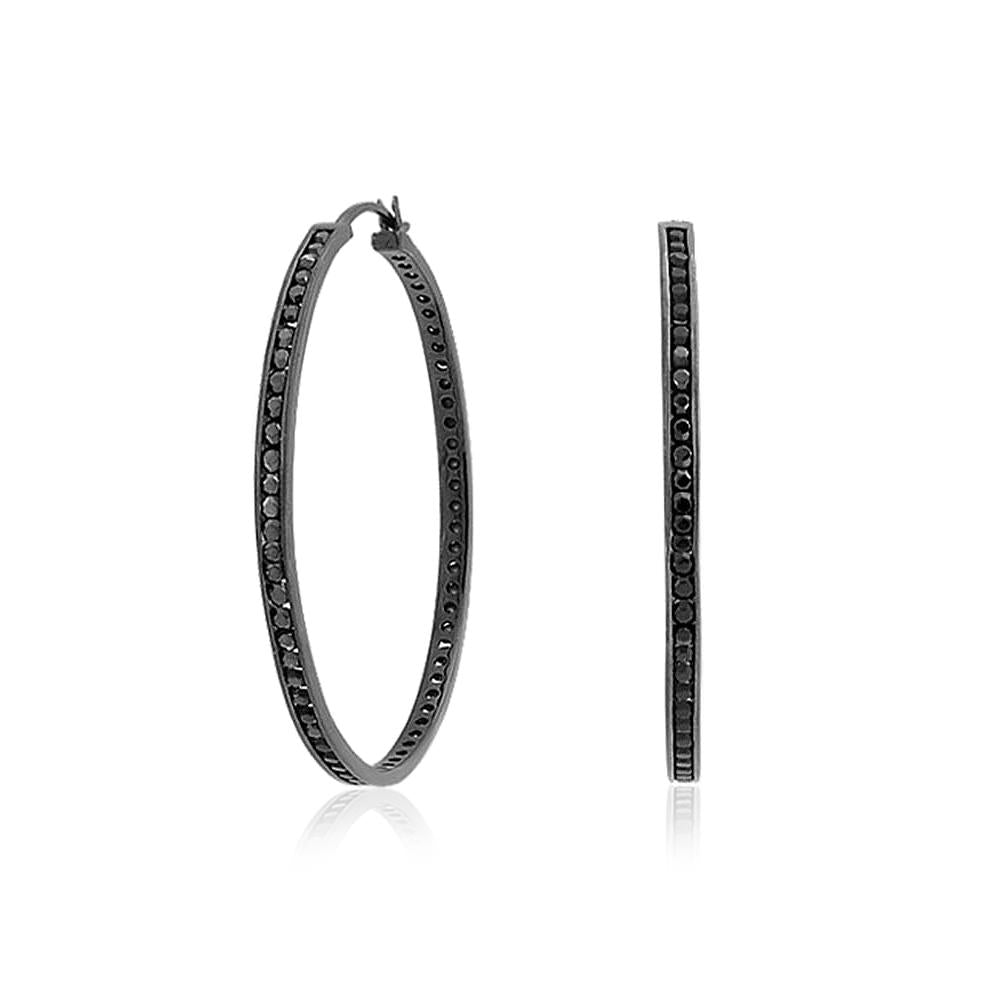Big Black Cubic Zirconia Statement Hoops Earrings Sterling Silver 1.5 - Joyeria Lady