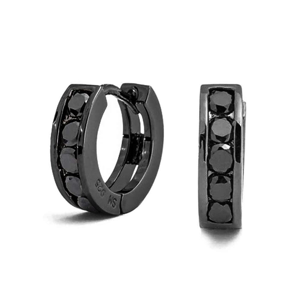 Black Round Solitaire CZ Huggie Hoop Kpop Earrings Sterling Silver - Joyeria Lady