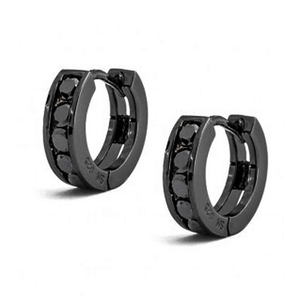 Black Round Solitaire CZ Huggie Hoop Kpop Earrings Sterling Silver - Joyeria Lady