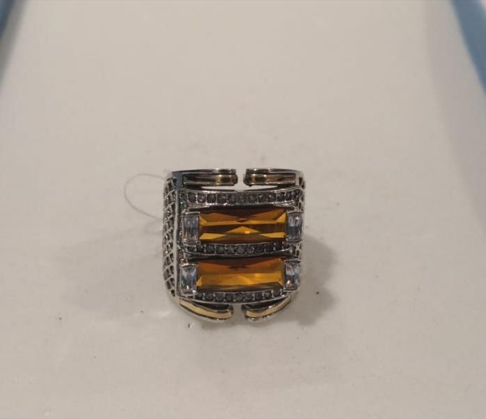 Sterling Silver Ring with 14 Karat Gold and Horizontal Yellow Stones - Joyeria Lady