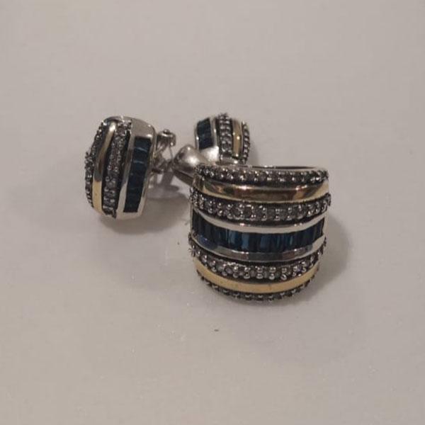 Sterling Silver Ring with 14 Karat Gold and Vertical Blue Stones - Joyeria Lady