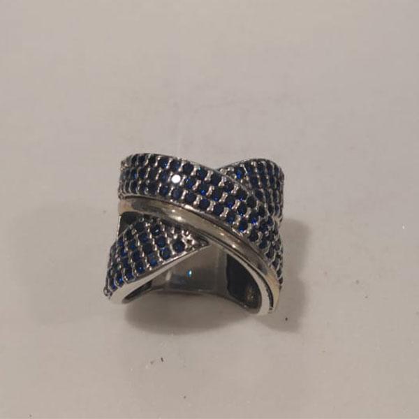 Sterling Silver Ring with 14 Karat Gold and "X" Shape with Blue Stones - Joyeria Lady