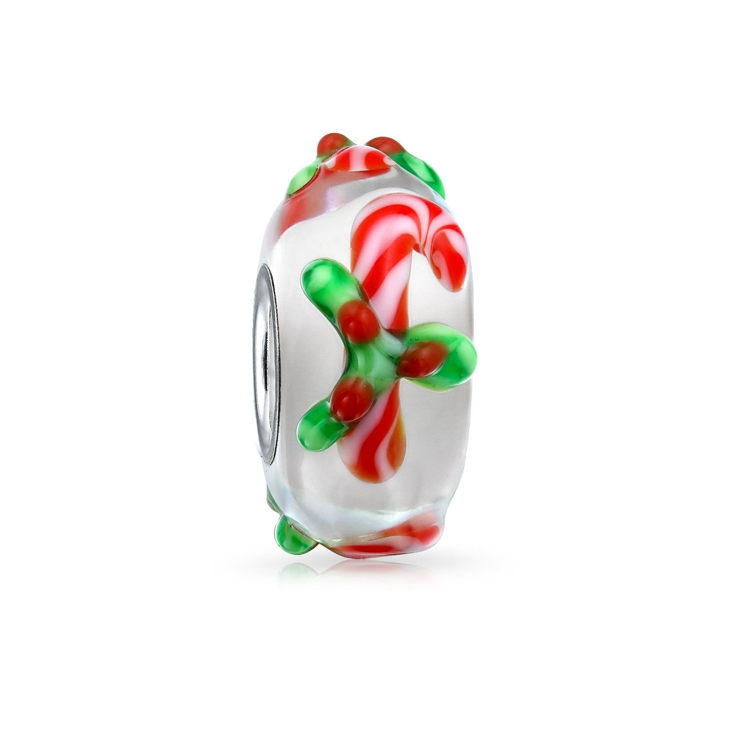 Christmas Poinsettia Candy Cane Murano Glass Bead Charm Silver - Joyeria Lady