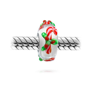 Christmas Poinsettia Candy Cane Murano Glass Bead Charm Silver